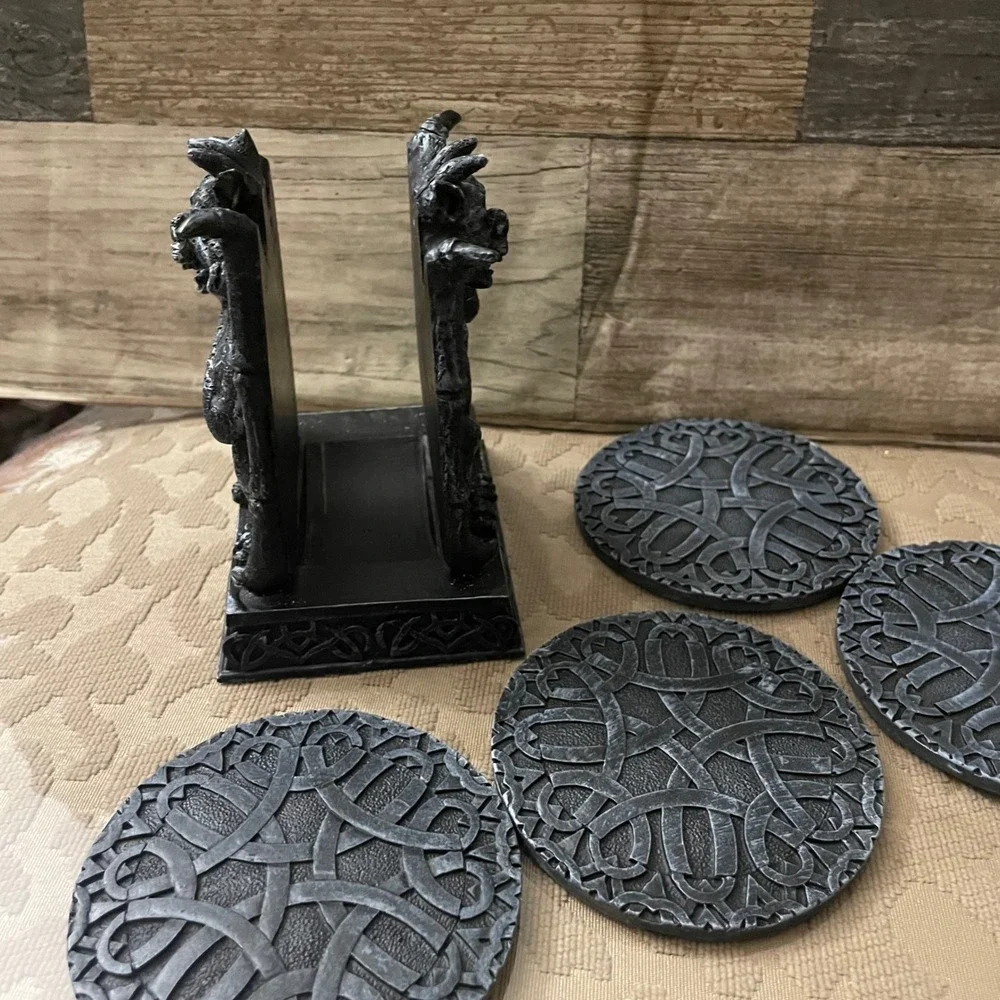 Gargoyle Gathering Coaster Set Gothic Celtic Knot Resin Stone Finish 5 Piece Set